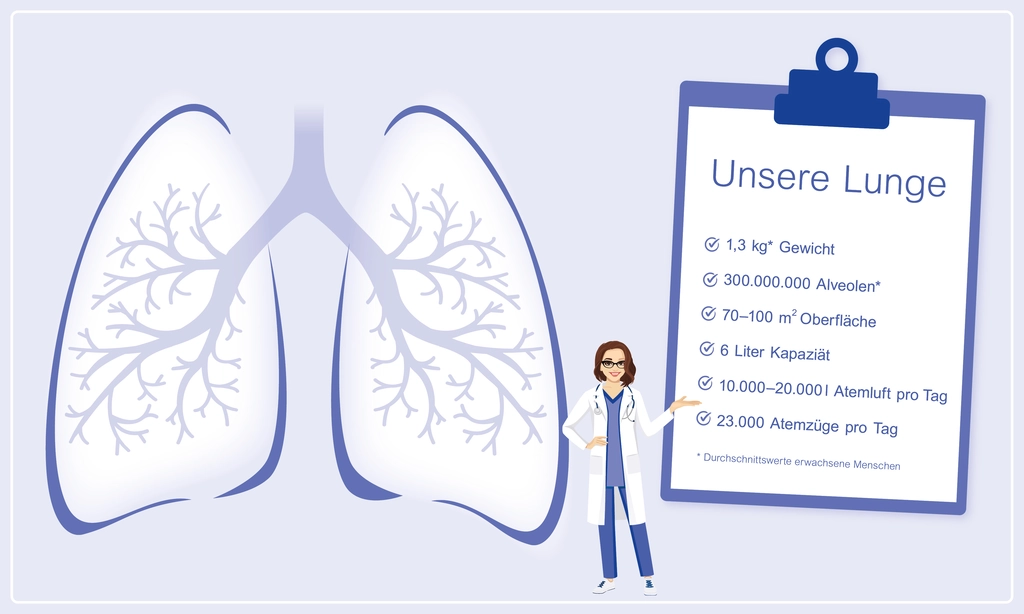 Illustration einer Lunge mit einem Arzt und deutschem Text zu Lungenfunktionen und Statistiken auf einem Klemmbrett.