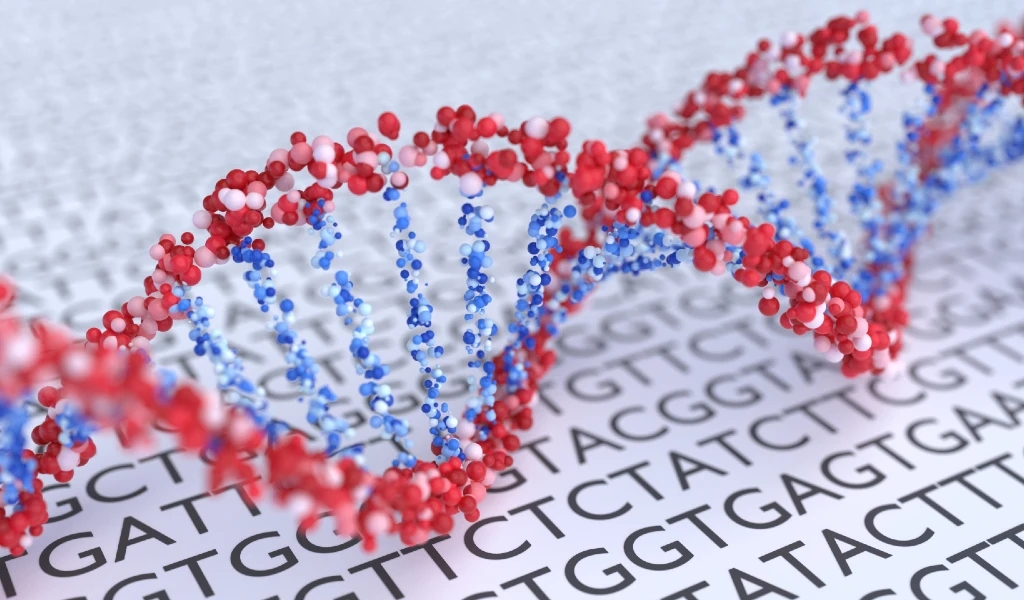 Eine 3D-Darstellung einer DNA-Doppelhelix auf einem Hintergrund aus genetischem Code.